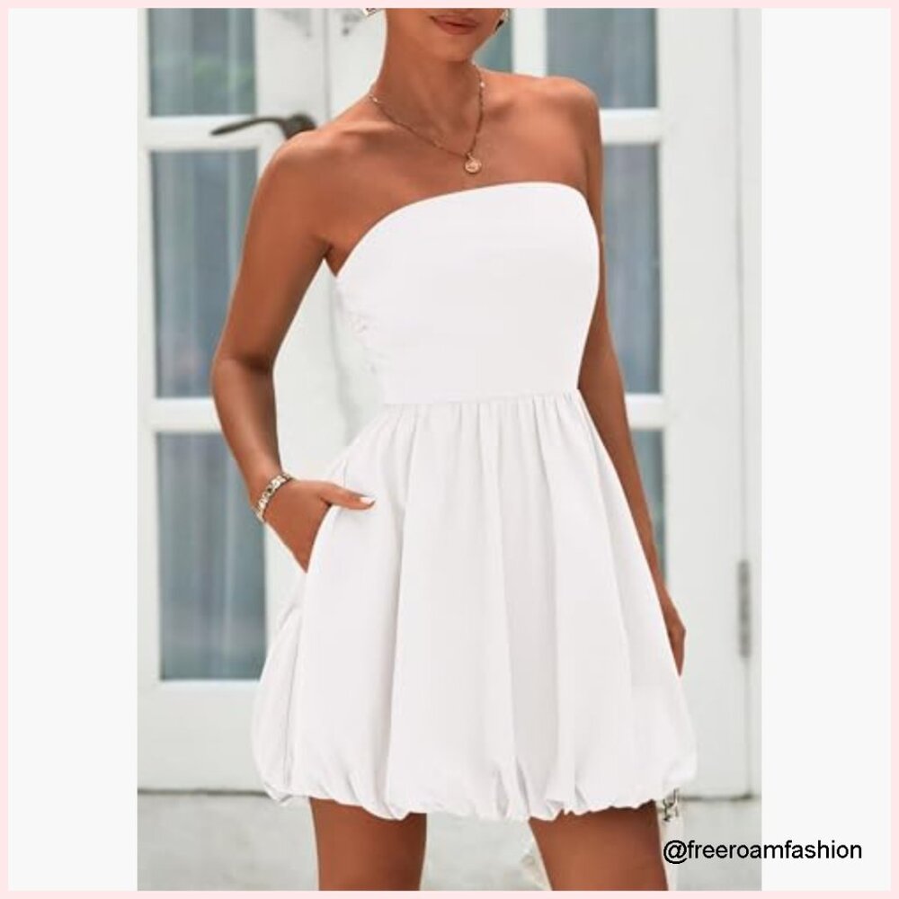 Strapless Mini Bubble Dress Smocked Back A-Line Sundress Summer Casual - Picture 3 of 7